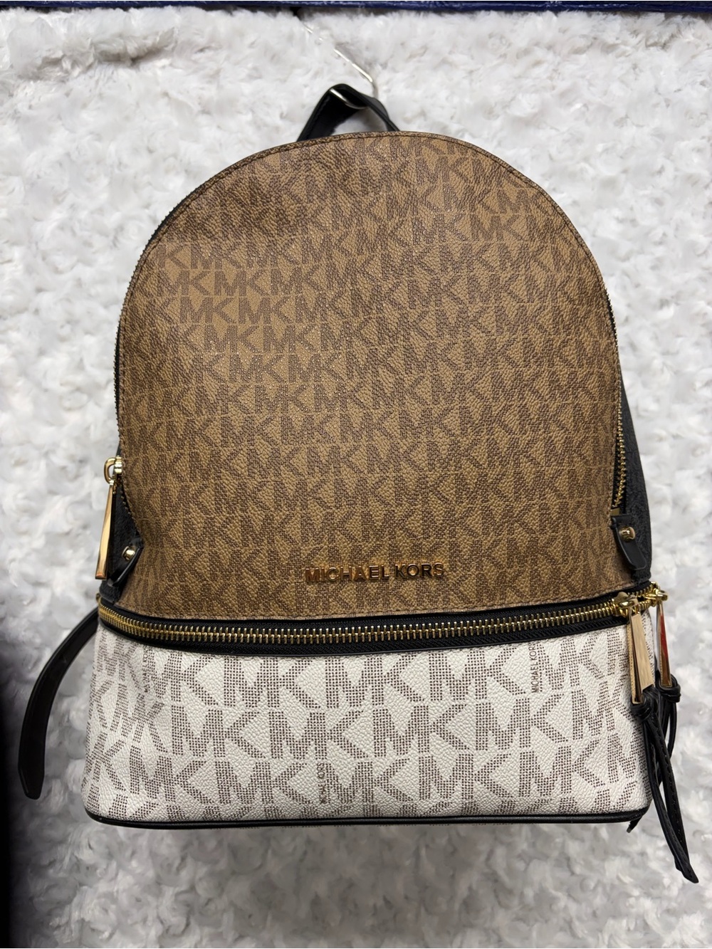 Michael Kors Rhea Browns & White MK Signature mini Dome Backpack